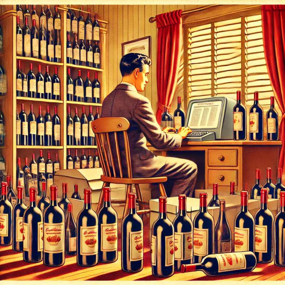 persona al computer circondata di vino, come metafora del wine marketing