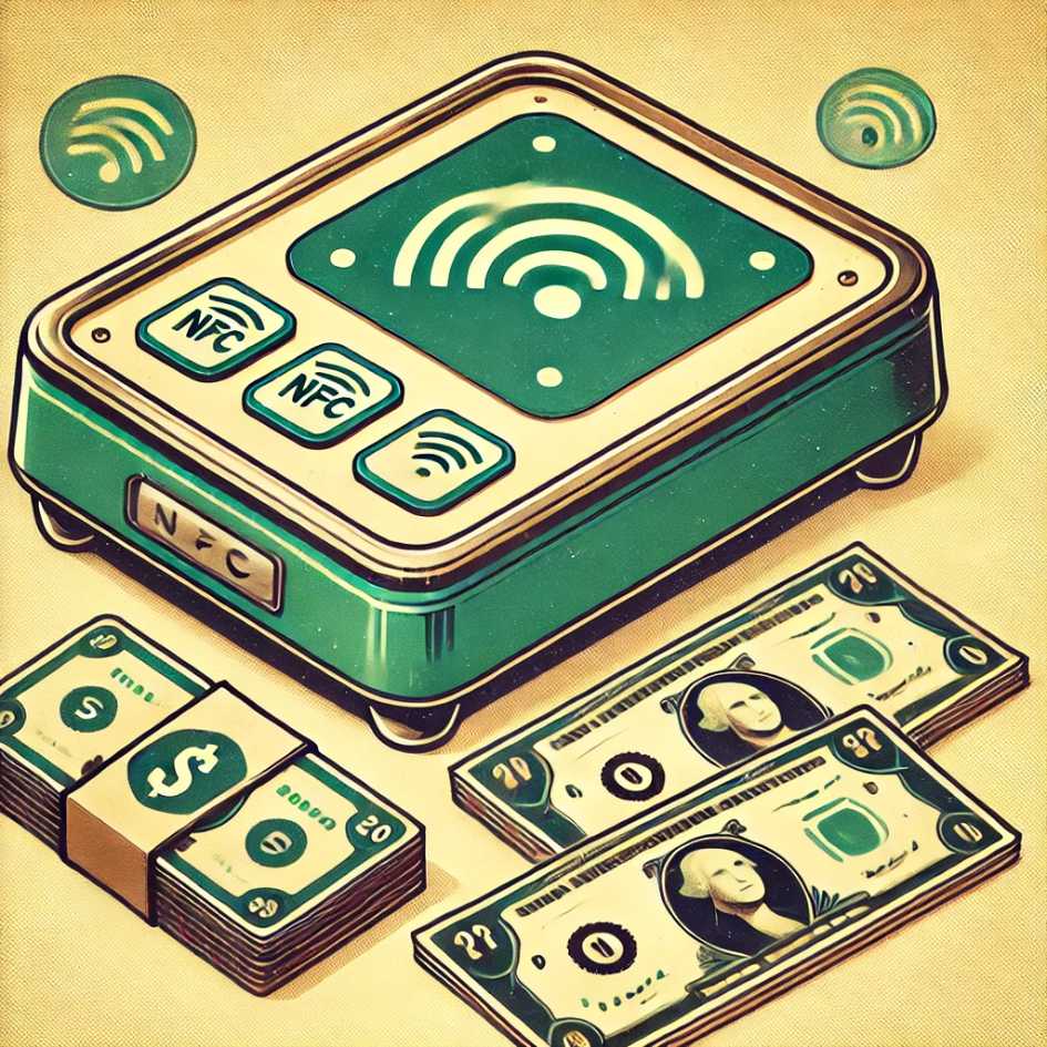 NFC affiancato a delle banconote come metafora di come usare l'NFC nel marketing.