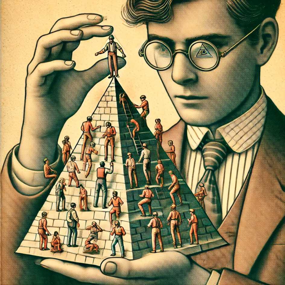 Metafora di uno Schema Ponzi nel 2022 con una piramide contenente piccoli umani nelle mani di una persona